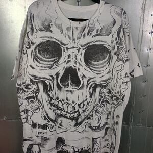 Skull Vintage Grunge Cyber Goth Horror Big Print Shirt XL Y2K Halloween Emo